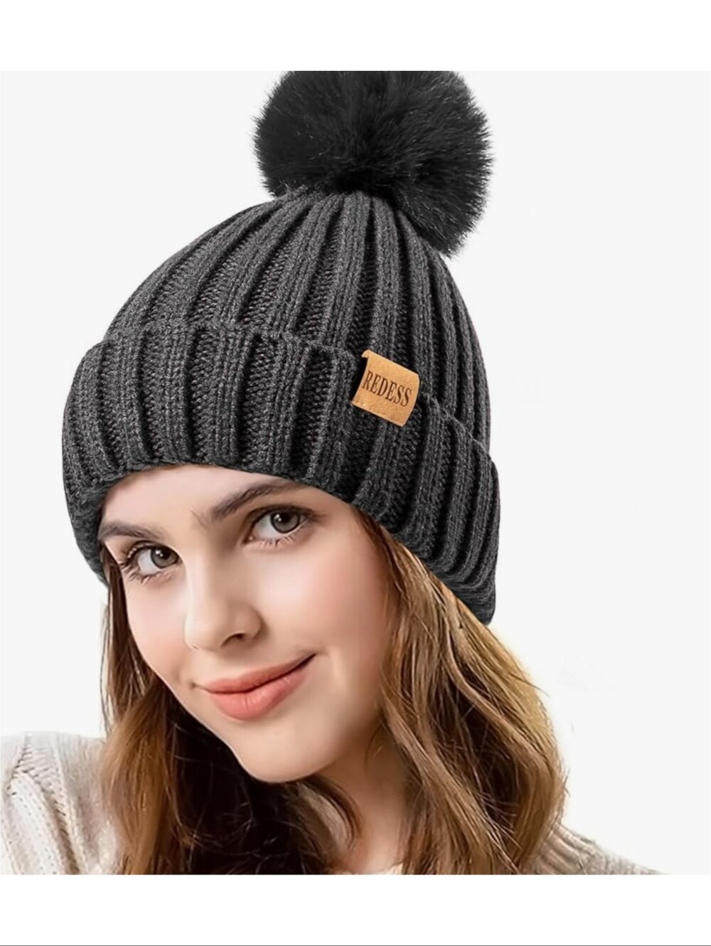 Redess Knitted Beanie Hat With Pom Pom Gray OS
